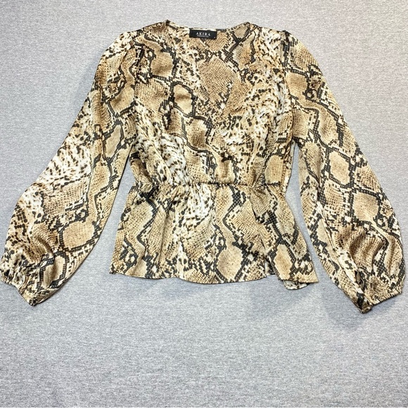 AKIRA Blouse Womens M Snakeskin Print V-Neck Long Sleeve Cinched Waist - Picture 11 of 16